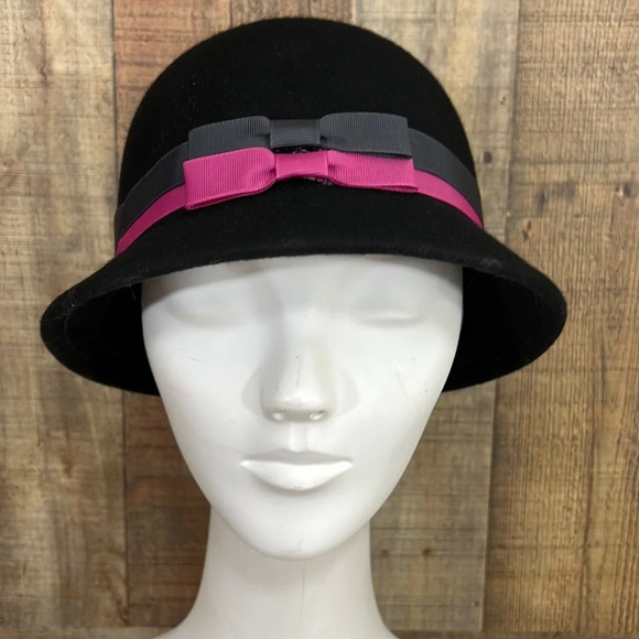 Magid Hats 100% Wool Black Hat Pink and Gray‎ Bow Detail Vintage - Picture 1 of 6